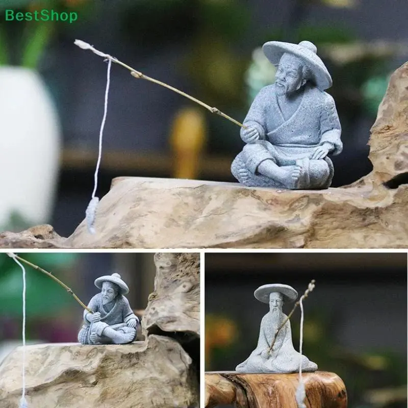 Sandstone Miniature Seated Pose Fisherman Statue - Fishing Scene Asian Zen Decor, 1-Piece Ornament for Aquarium, Home (Garden Supplies, Home Improvement Accent)