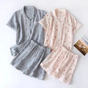 2026 Summer Ladies Short-sleeved Shorts Pajamas Set 100% Cotton Crepe Cloth Thin Home Service Two-piece Spring And Autumn Loose
