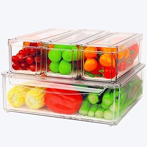 4 Pack Fridge Organizer, Stackable Refrigerator Organizer Bins with Lids, BPA-Free Fridge Organizers and Storage Containers for Fruit, Vegetable, Food, Drinks, Cereals, Clear