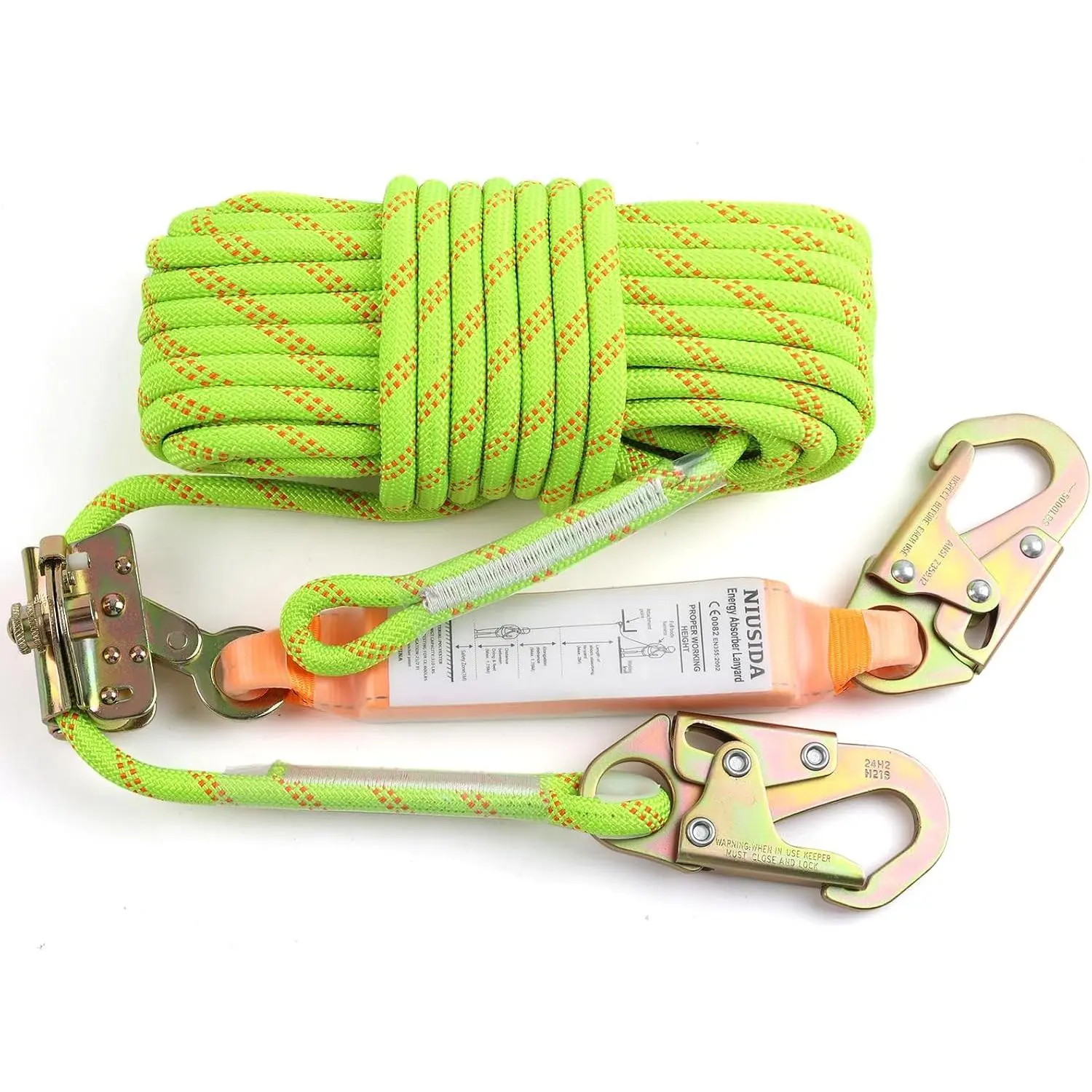 25FT Fall Protection Safety Rope Harness Lanyard Kit with Grab Snap, Shock Absorber for Vertical Roofing, Tree Climbing