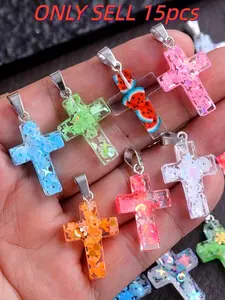 15pcs Colorful Resin Cross Charms, DIY Jewelry Making Accessories, Cute Cartoon Design, Perfect for Necklaces, Earrings, Keychains