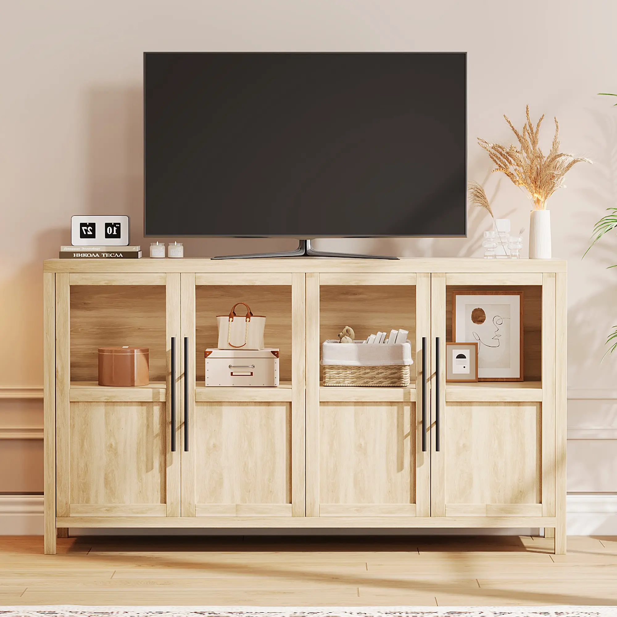 Large Farmhouse Sideboard Buffet Cabinet Only, 55 Inch Wooden Entryway Storage Cabinet with 4 Glass Doors, Ideal Furniture for Kitchen, Dining Room and Living Room, Natural Finish