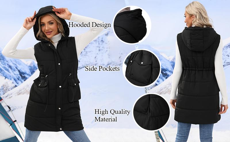 FMEYOA Women Quilted Sleeveless Jacket Vest Hooded Thick Long Coat Winter Warm Outwear