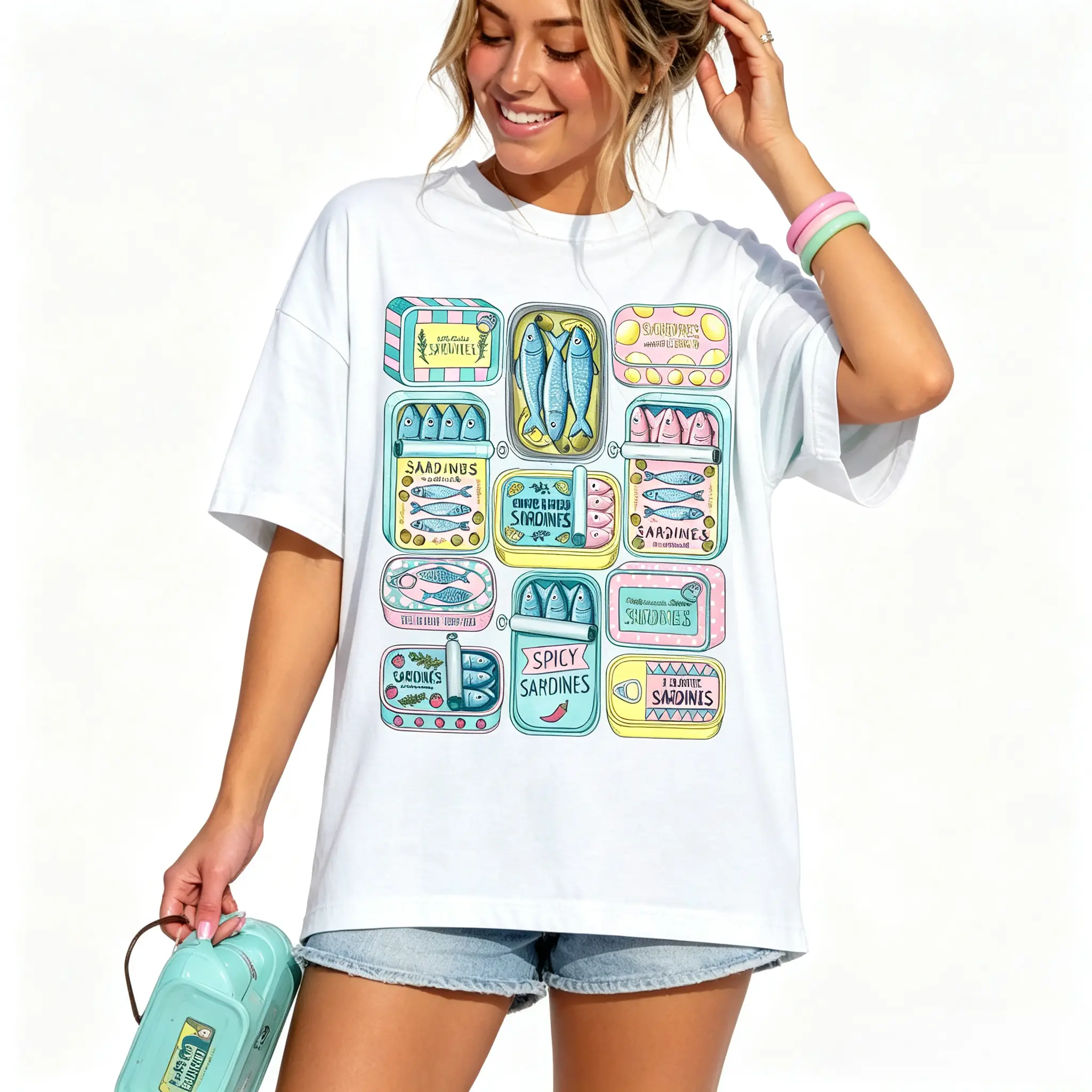 Sardine Collage Motif Builds Graphic Tee Matching Oversized Tshirt Women And T Shirts Women, Camisetas de mujeres Belong To Vintage Graphic Tees, Women's Tops And Summer Tops Women Alongside Top Tshirt