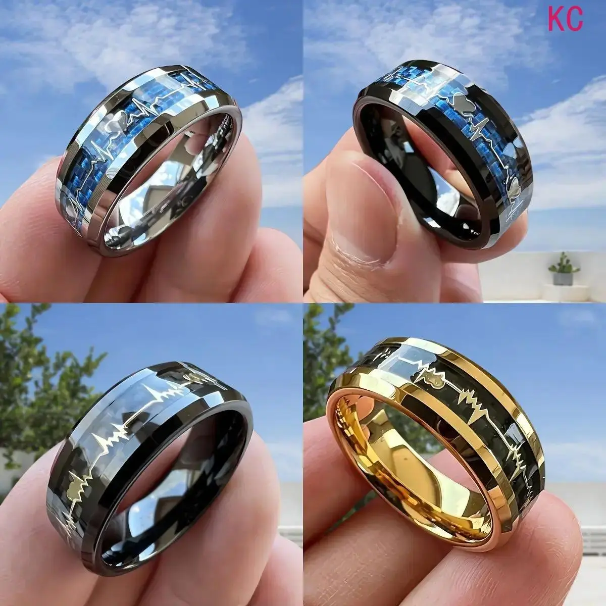 8Mm Beveled Stainless Steel Ring With Inlaid Black Carbon Fiber And Gold Heartbeat Pattern, Minimalist Daily Wear Statement Band Jewelry