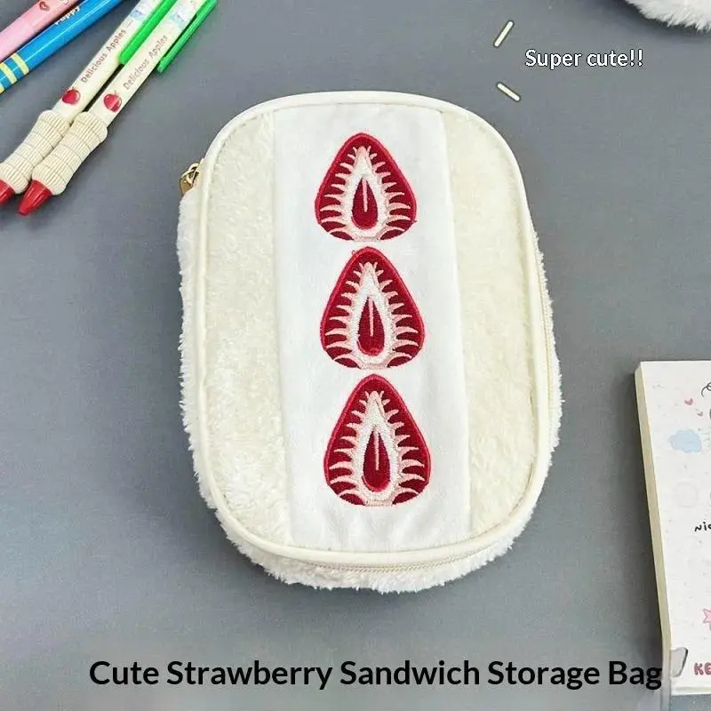 Embroidered Strawberry Pencil Case, Large Capacity Multifunctional Storage Pouch, Portable Stationery Organizer Makeup Cosmetic Bag for Women