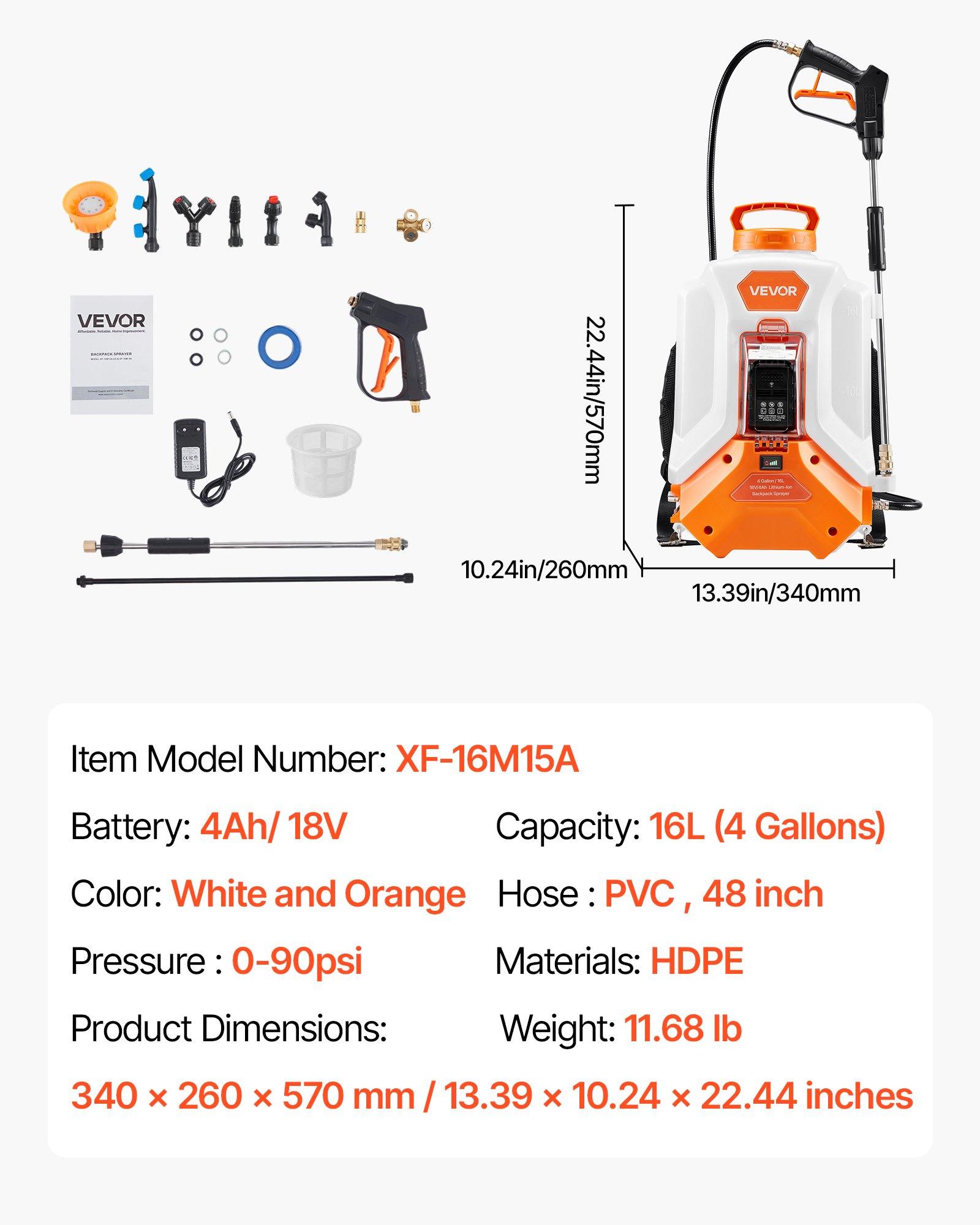 VEVOR Battery Powered Backpack Sprayer, 4 Gallons Electric Backpack Sprayer, 2 Wands & 8 Nozzles, Adjustable 0-90 PSI, 4H Runtime, Portable Yard Garden Lawn Sprayers for Weeding Spraying Cleaning