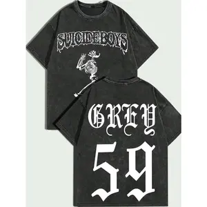 100%, Vintage Style, Religious Style UICIDE BOY, Skull "GREY 59,Y2k Gothic, Distressed Men's T-Shirt, Personalized For All Seasons, Suitable For Casual And Street Style