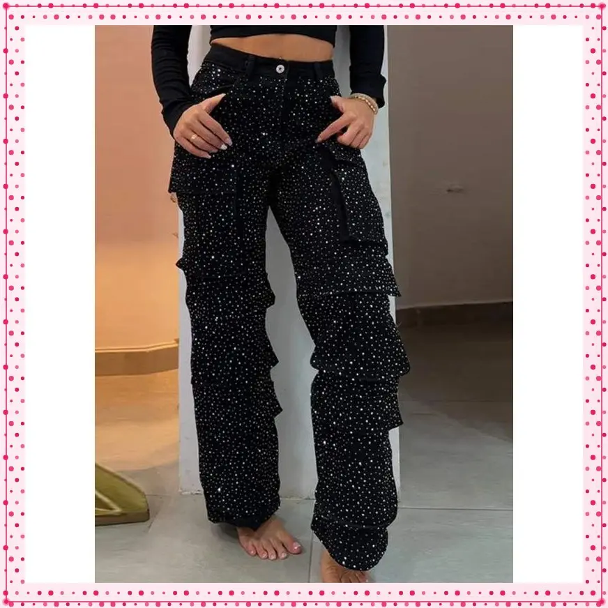 Jeans with sparkling rhinestones, casual bag pants, streetwear, fashionable daily pants, underwear, underwear inspection