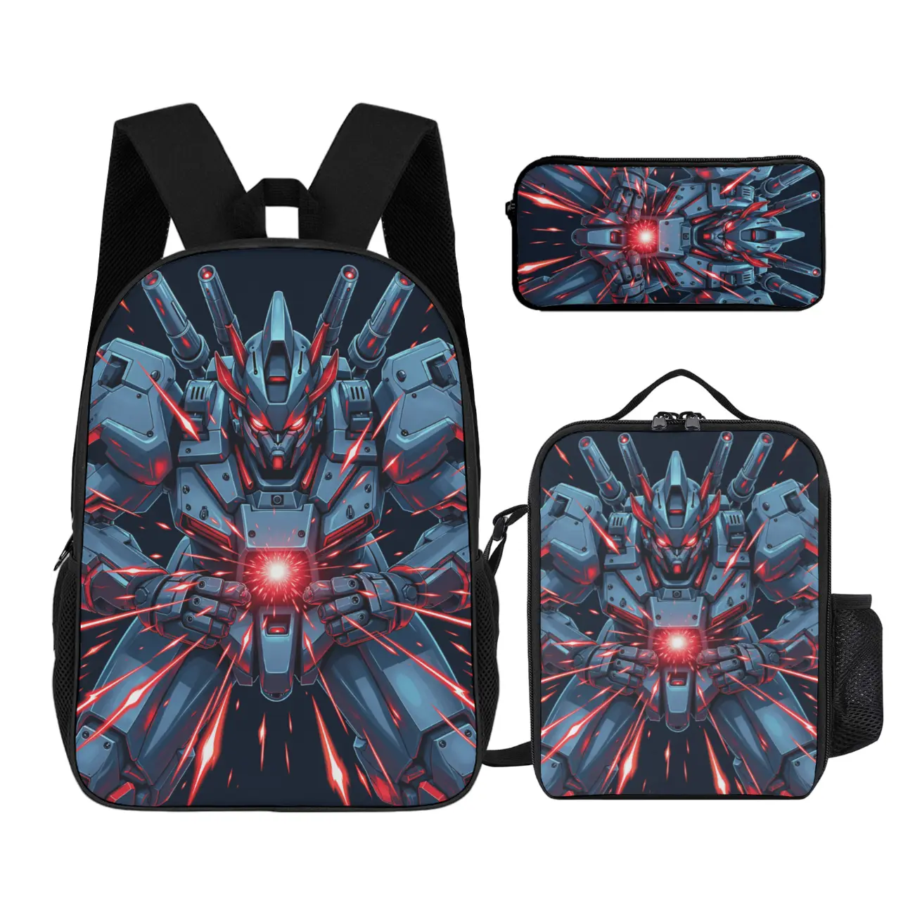 Combat Robot Backpack Red Sci-Fi Bookbag Boy Cyborg Ransack Metallic Armor Travel Bag Mecha Warrior Back Packs Glow Design Fantasy Book Bags,Back to school gift three piece backpack set