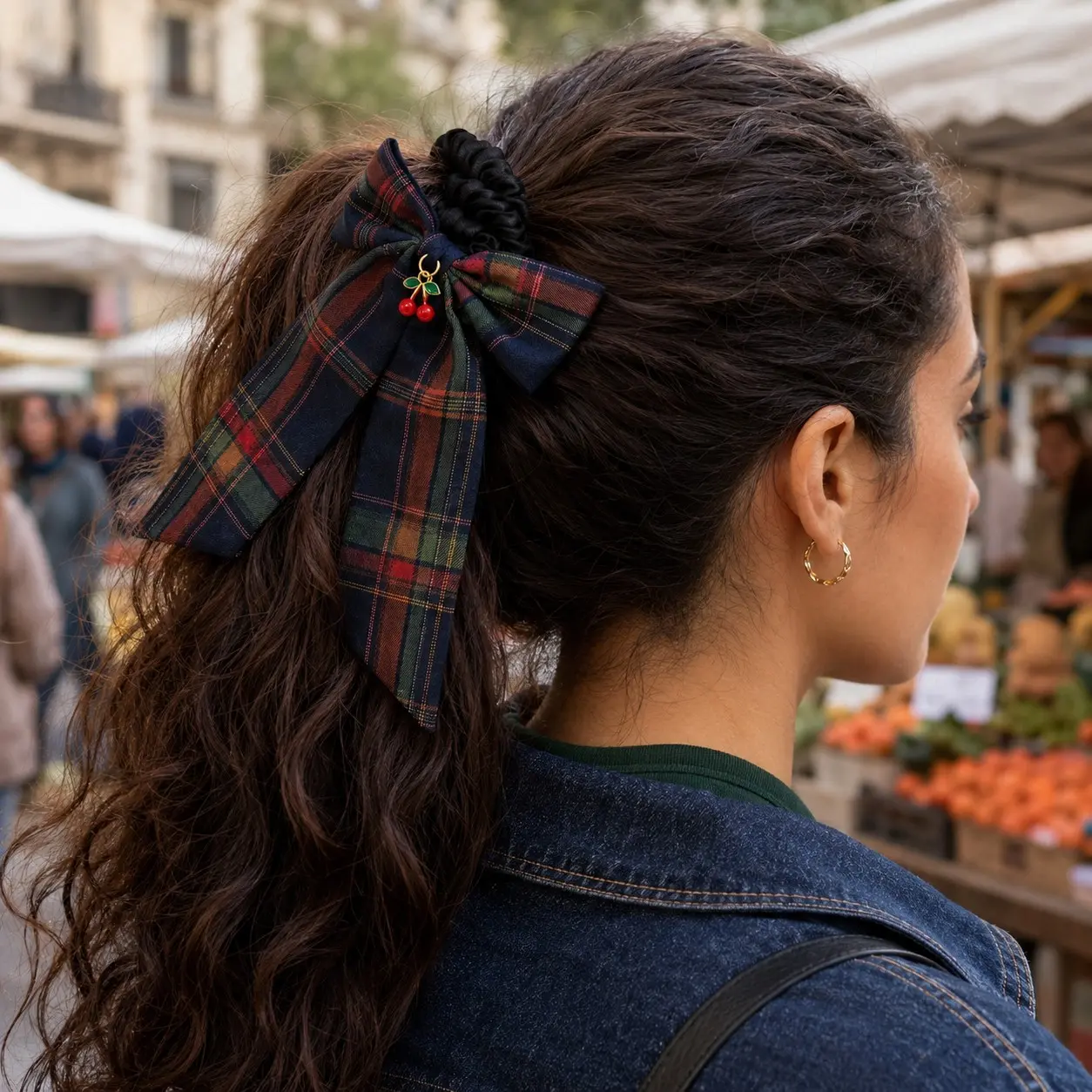 Preppy Plaid Bow Scrunchie for Women, Satin Hair Tie with Long Ribbon Tails, Soft Elastic Ponytail Holder for Daily Wear