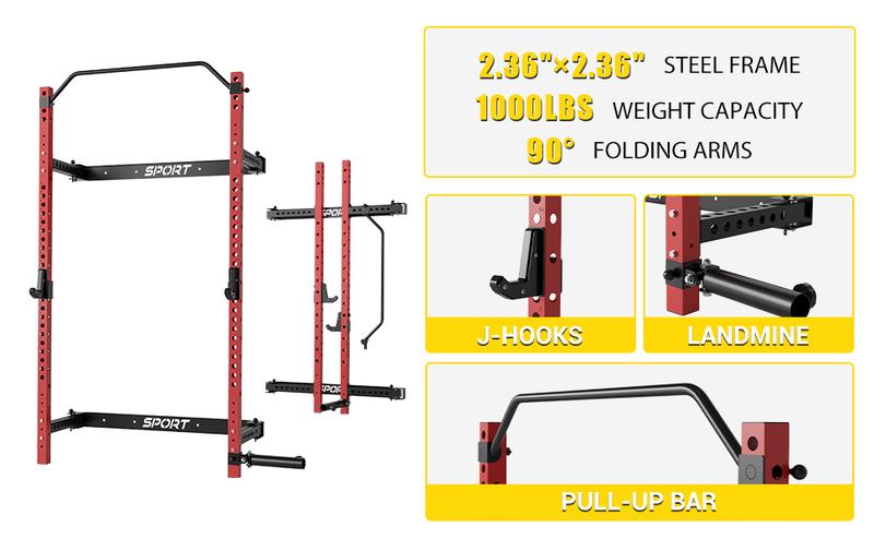 GARVEE Folding Squat Rack for Home Gym with 2.36" x 2.36" Frame, Folding Power Rack Featuring Pull Up Bar, J Hooks, Landmine Attachments, 1000 LBS Capacity, Wall Mounted and Space Saving Design