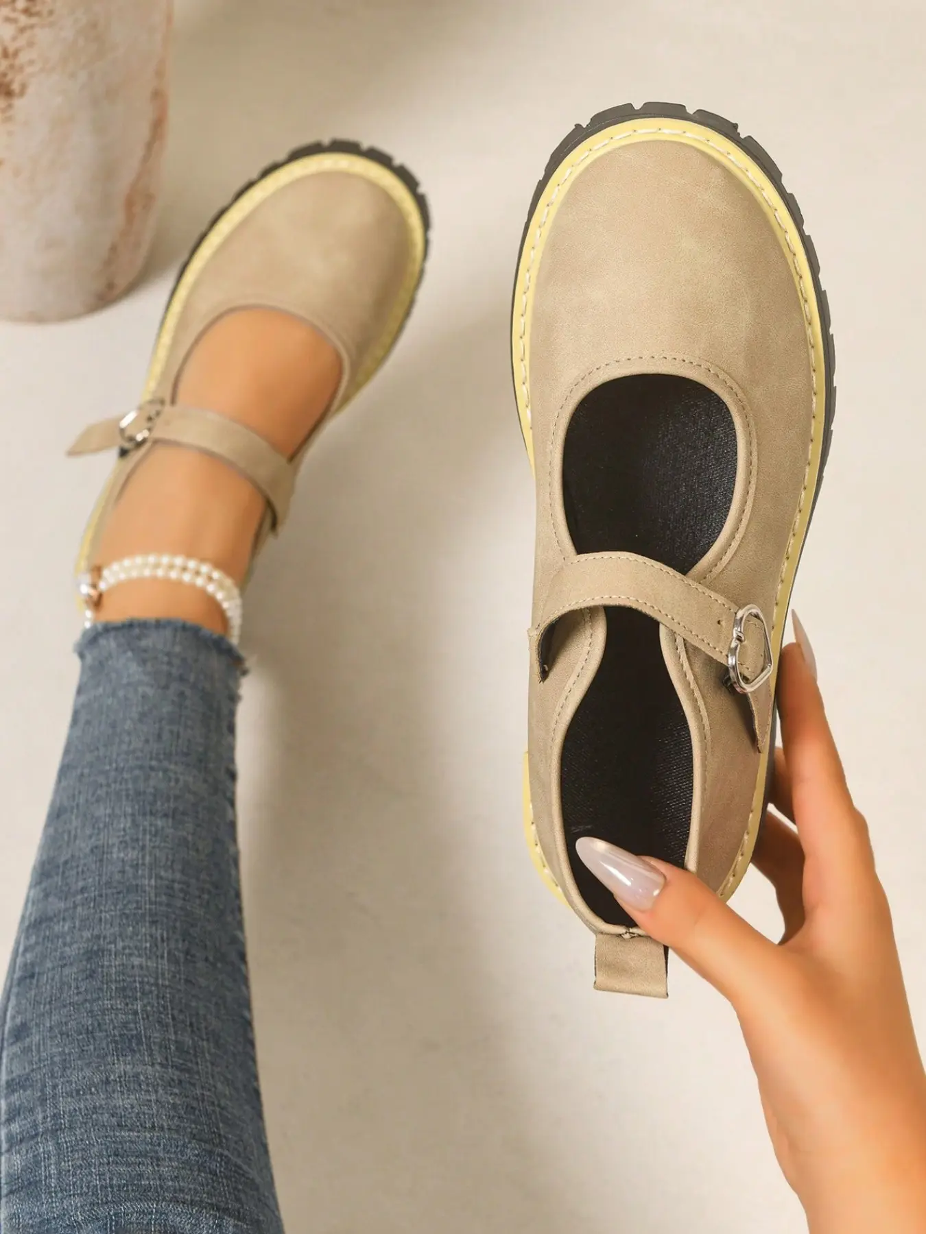 Women's T-Strap Mary Jane Shoes, Vintage Style, Matte Leather Buckle, Thick Sole, Anti-Slip, Commuter Casual Footwear