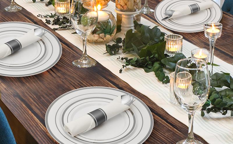Goodluck 700 Piece Silver Plastic Dinnerware Set for 100 Guests, Disposable Plates for Party, Include: 100 Dinner Plates, 100 Dessert Plates, 100 Pre Rolled Napkins with Silverware, 100 Cups