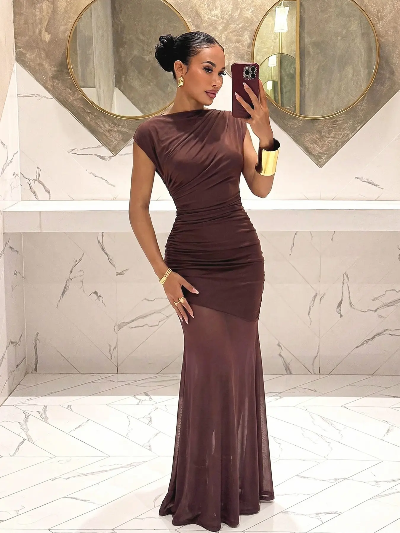 Women's High-End Fashion Mesh Patchwork Long Dress, Tight Fit Bodycon Slimming Design, Irregular Style, Perfect for Summer, Formal, Evening & Fashion Occasions