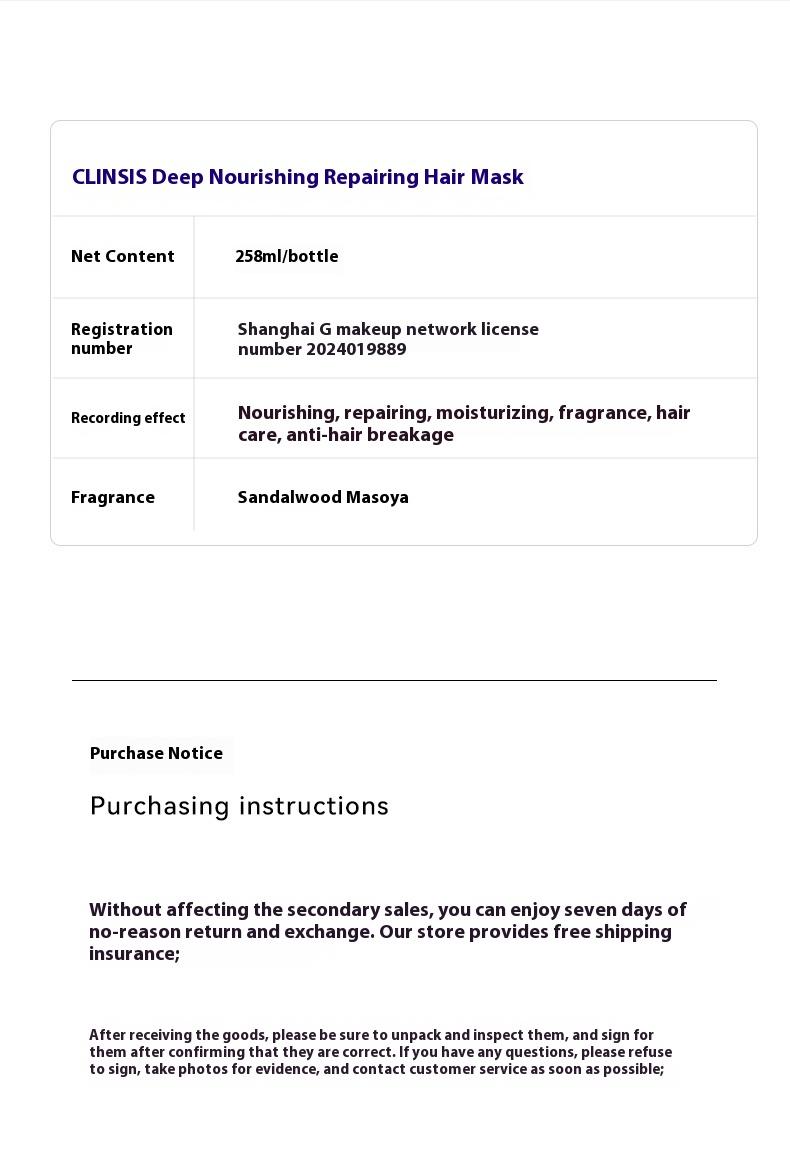 CLINSIS Nº4 Hair Mask - Luxurious Repair, Shiny Hair with Moroccan Argan Oil & French Marula Oil - 258ml - Nourish, Smooth, Repair, Long Lasting Fragrance Aroma Organic Protective Barrier Sandalwood Haircare Scent Salon Scented anti-Frizz Treatment