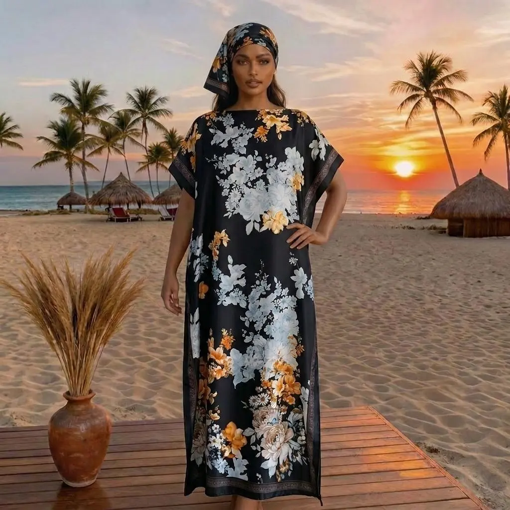Floral Print Dress with Scarf,Muslim Dresses,Elegant ice Fabric Floral Print Dress Set, Long Robe & Scarf, Beach Cover-Up, Sun Protection, All Seasons Wear, Women's Fashion
