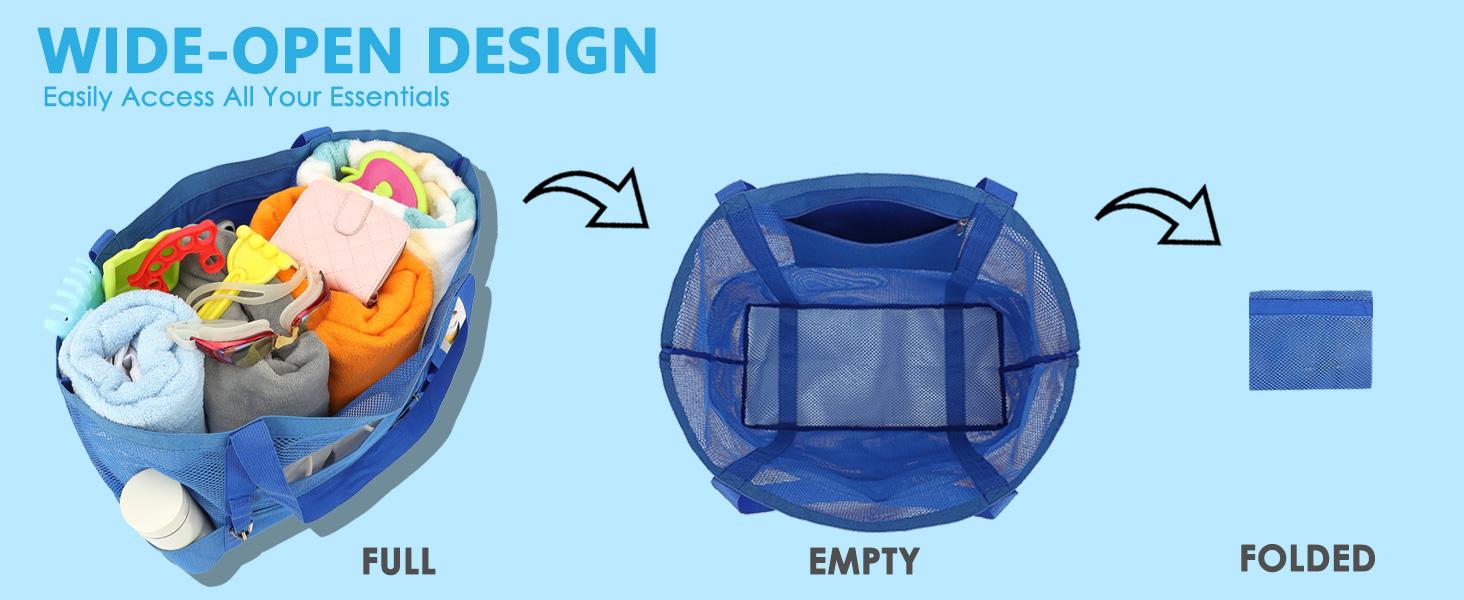 Mesh Beach Bag, Large Beach Tote with Zipper Pocket, Toys Pool Bag for Family Travel Vacation Cruise Essentials