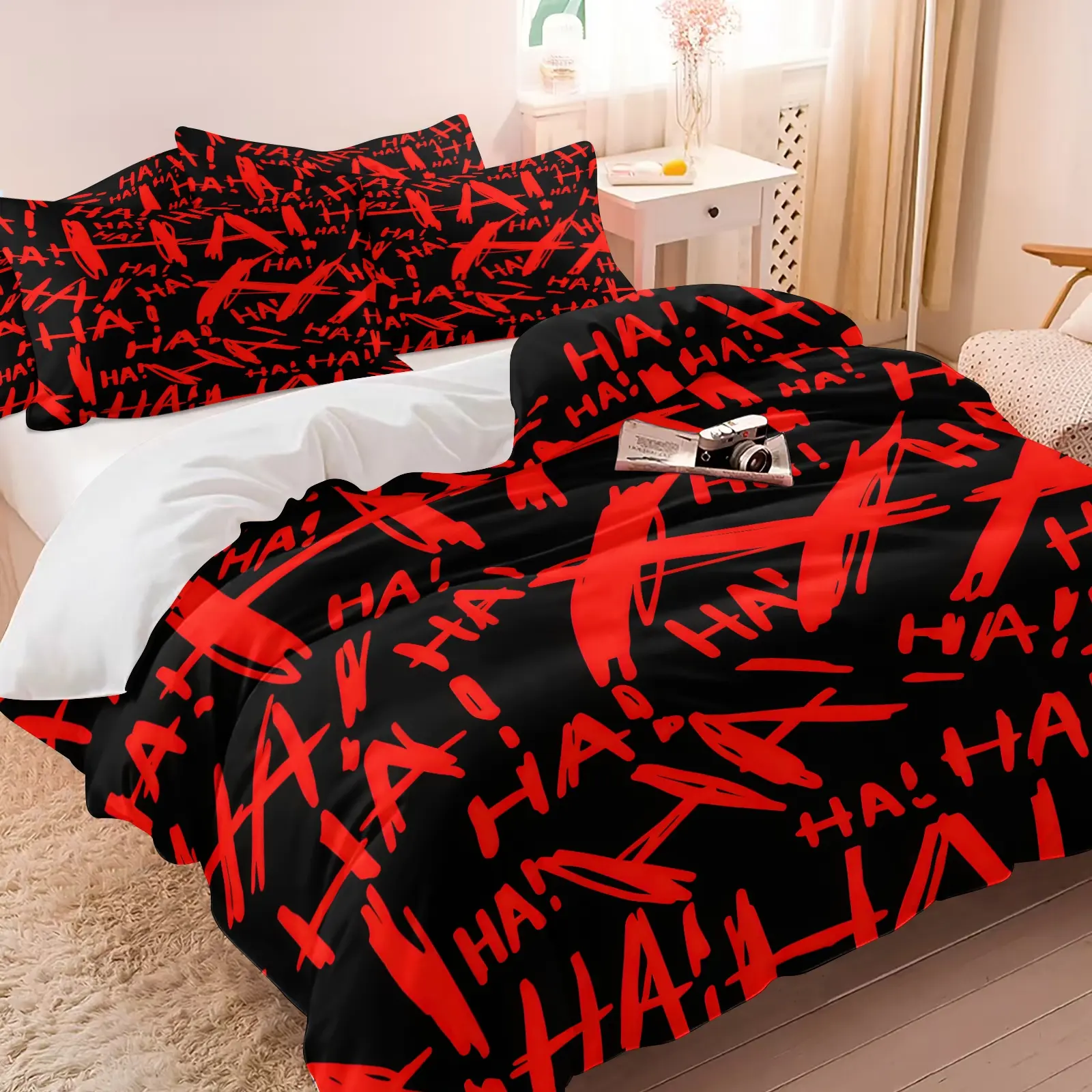 Black Red HA Graffiti Letter Print Duvet Cover Set, Includes 1 or 2 Pillowcases, Black Punk Street Neutral Bedding, Urban Sketch Hip Hop Bed Set All Size, Soft Skin-Friendly, Gaming Apartment Decor, Street Art Lover Gift