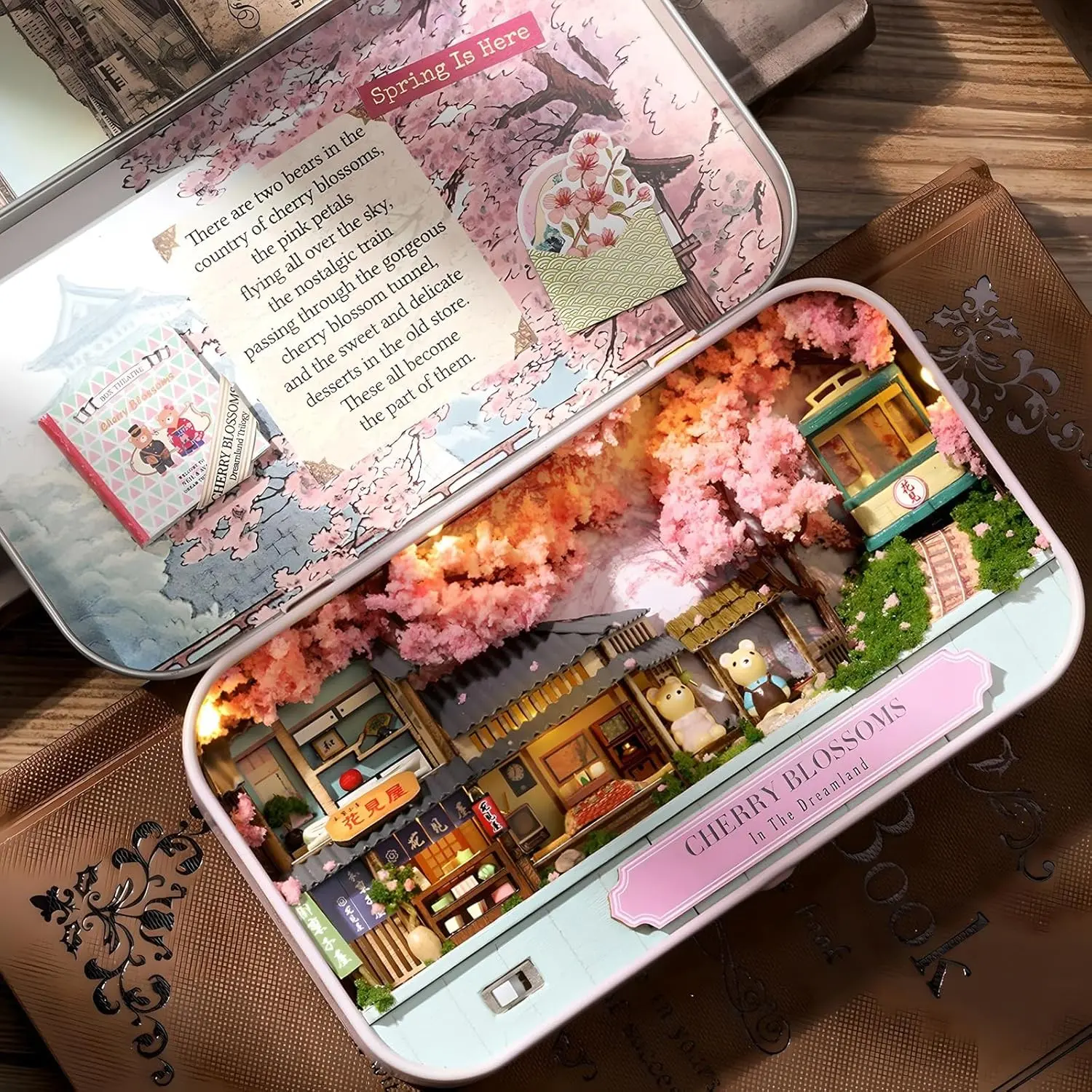 3D Wood Mini DIY Dollhouse Kit with Furniture, LED Light Box Theater Set, Romantic Valentine's Gift, Includes Tool Set and Cat Doll (cherry Blossom)