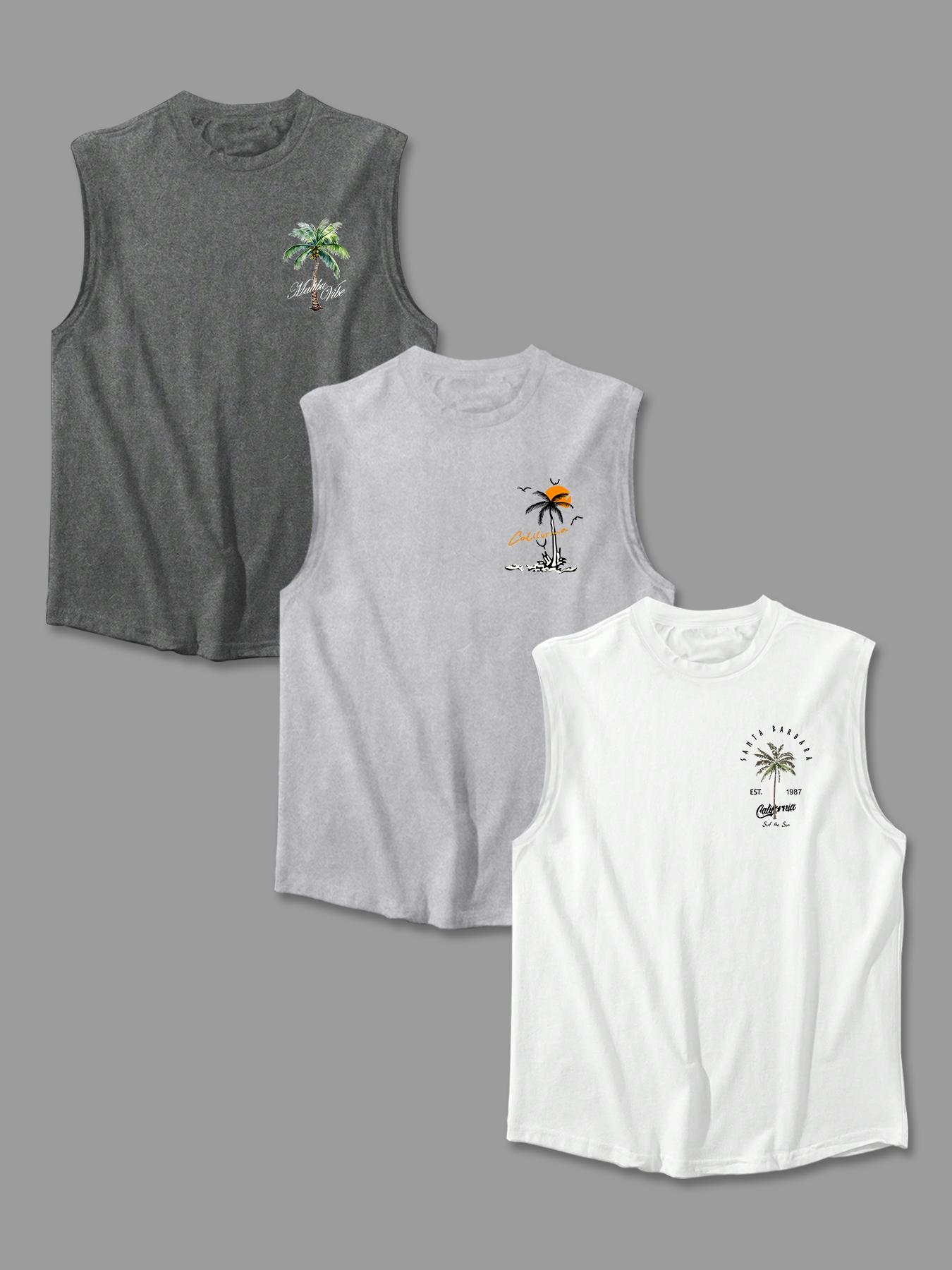 Men's Letter & Palm Tree Print Tank Top, Regular Fit Casual Soft Comfy Sleeveless Round Neck Top for Summer, Men's Clothes for Daily Wear, Stretch Tank Tops, Sleeveless Shirt