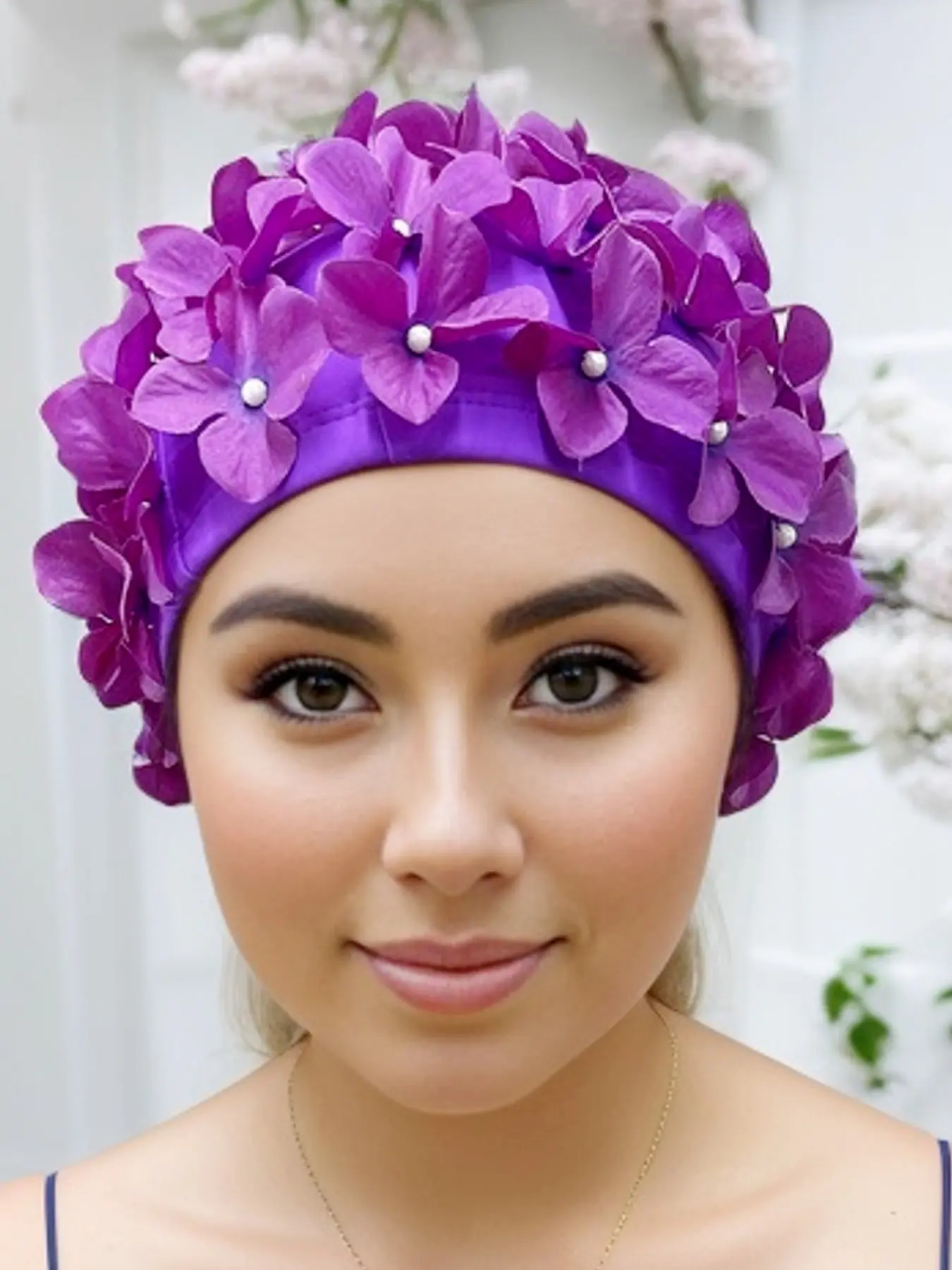 Women's 3D Floral Swim Cap, Swimming Cap, Hand-Stitched Hair Protection Hat, Soft Non-Waterproof Fabric, Pearl Decor, Ideal for Pool and Water Sports