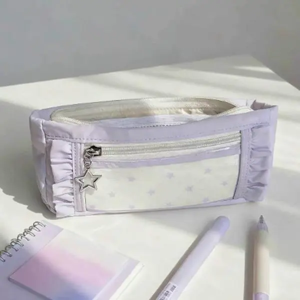 2026 Minimalist Cute Lace Trim Window View Canvas Pencil Case - Large Capacity Clear Window Zipper Pouch, Multi-Purpose Portable Storage Bag for Teen Girls (Back to School, Office Use),cosplay,accessory,,shoe,charm,,Boho,Touchscreen,Winter,Acc,soft,plush,