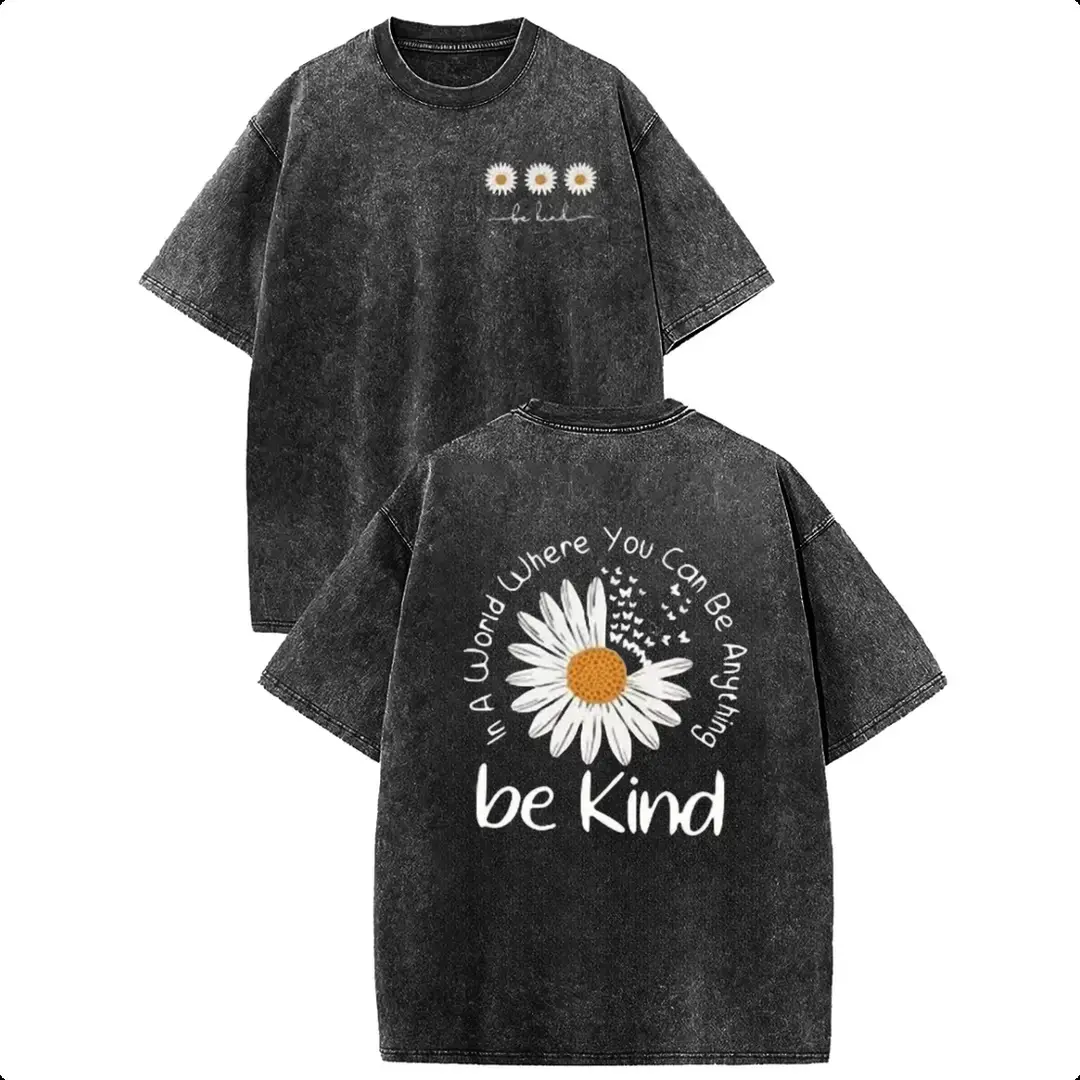Women's Vintage Oversized Acid Wash T-Shirt - Women's Clothes, Clothes, Trendy T-Shirts with "Be Kind" Daisy Graphic, Retro Athletic Front & Back Prints, All Seasons Sports Top, Casual, Round Neck, Tshirt, Trendy Shirts