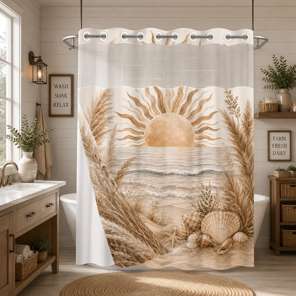 1PC 2D Flat Boho Sun, Ocean Wave, Seashell & Pampas Grass Pattern Double-Layer Woven Shower Curtain, No Hooks, Transparent Top Window, Removable Snap-On Liner, Neutral Coastal Bathroom Art Decor, Bathroom & Holiday Decoration