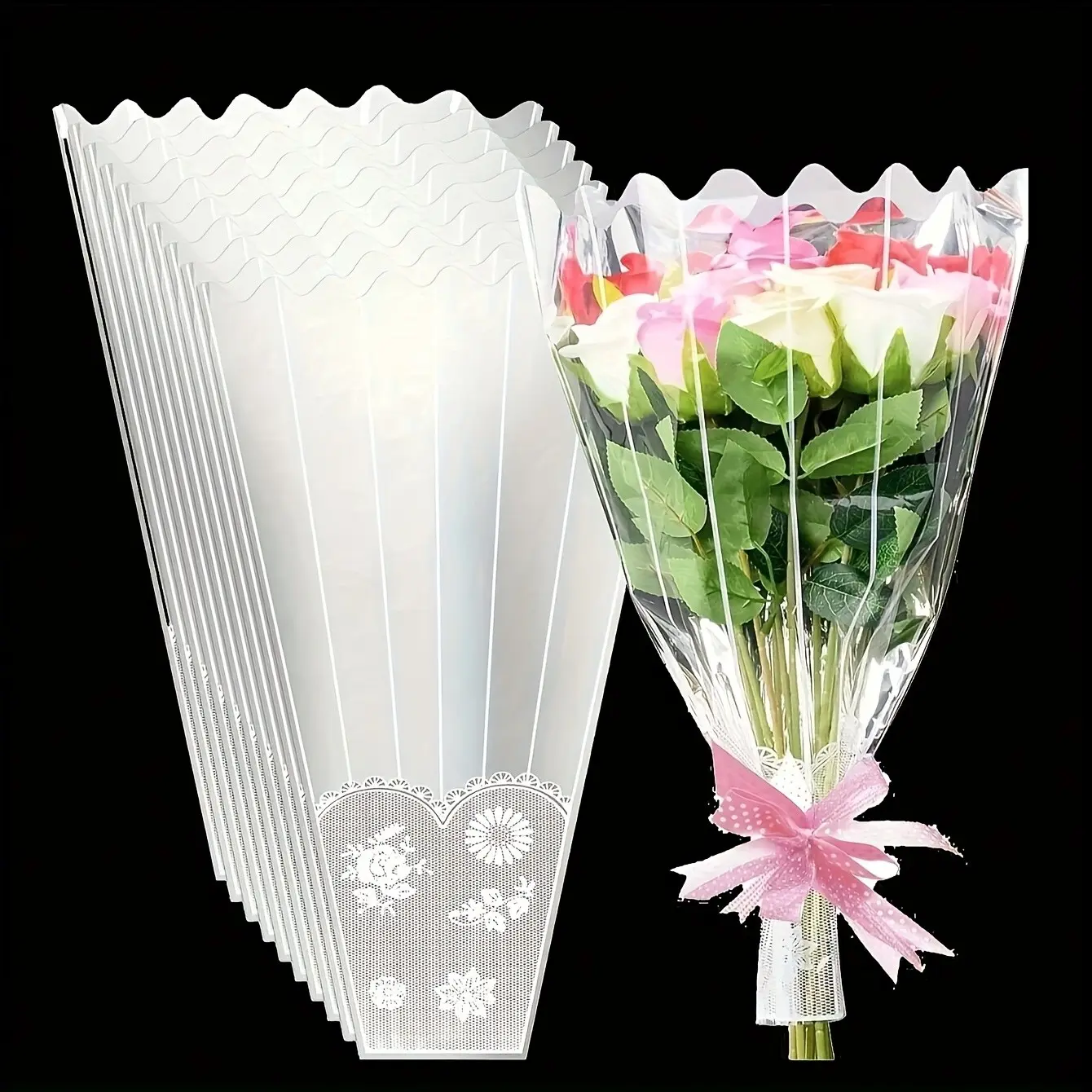 100pcs Flower Bags for Bouquet Plastic Transparent Floral Wrapping Bags, 27.94 x 43.18cm Clear Bouquet Sleeves Bulk with Lace Decor Disposable Flower Packaging for Flower Shop, Gift Wrapping
