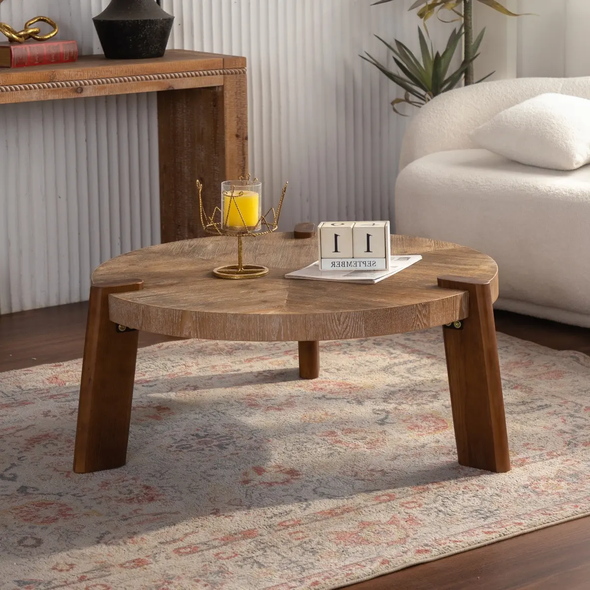 Retro 36.61" Round Herringbone Coffee Table - Single Box, Natural Distressed Finish, Dual-Material Solid Wood & MDF Rustic Table, Tapered Legs, 23.63 lbs, 36.61"L x 35.43"W x 15.75"H, Easy Setup Assembly, Low-Maintenance for Living Room, Natural Finish, S