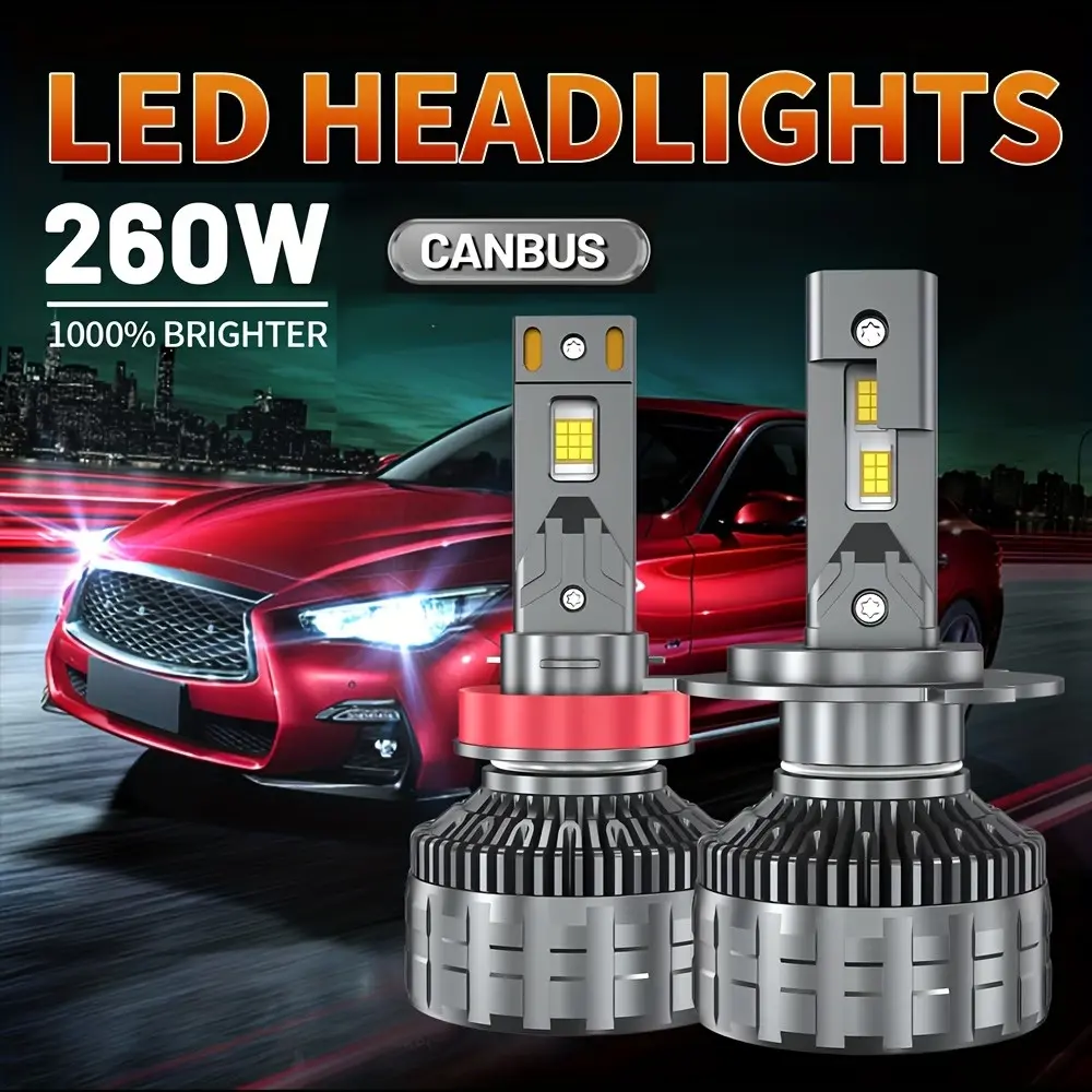 2-Pack H7/h4/h11 LED Headlights, 260w High Power, 6000k Turbo Light, Compatible with H1/h8/h9/hb4/hb3/9005/9006/9012/9007/hb5/9008/h13 Models, LED Headlight Bulbs, Led Car Headlights