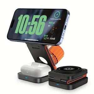 Three-In-One Foldable Charging Station, Wireless Fast Charging, Magnetic Charger, Phone Watch Earphone Stand, Multi-Device Use