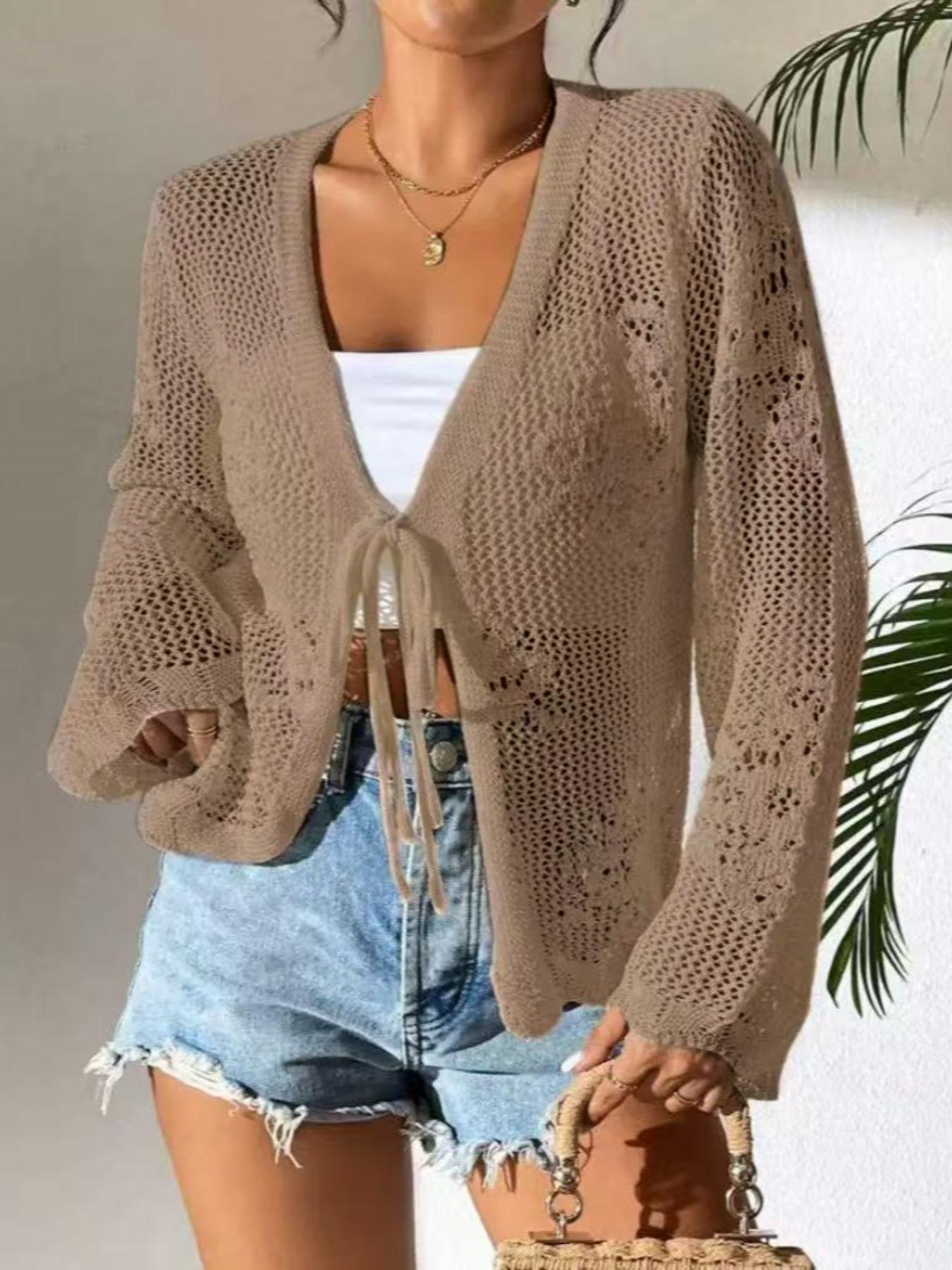 Women's Fitted Plain Sheer Tie Front Sweater Cardigan, Casual Long Sleeve Cardigan for Daily Wear, Ladies Knitwear for All Seasons