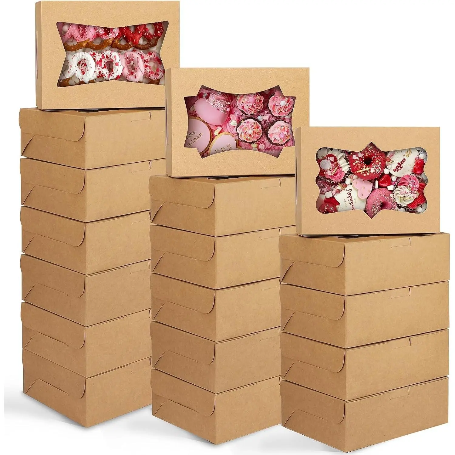 24pcs 8x6x2.5 Inch Brown Kraft Bakery Boxes with 3-Style Window | Dessert Treat Boxes for Cookies, Chocolate Strawberries, Donuts, Cupcakes, Muffins and MoreGift