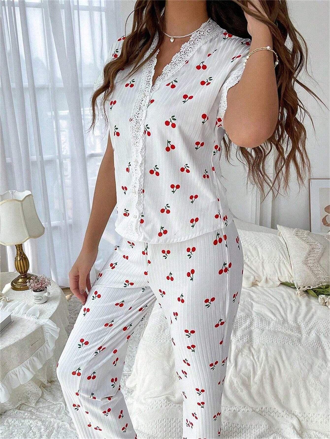 Cherry Print Short-Sleeve Collared Pajama Set for Women Oversized Style with Matching Pants