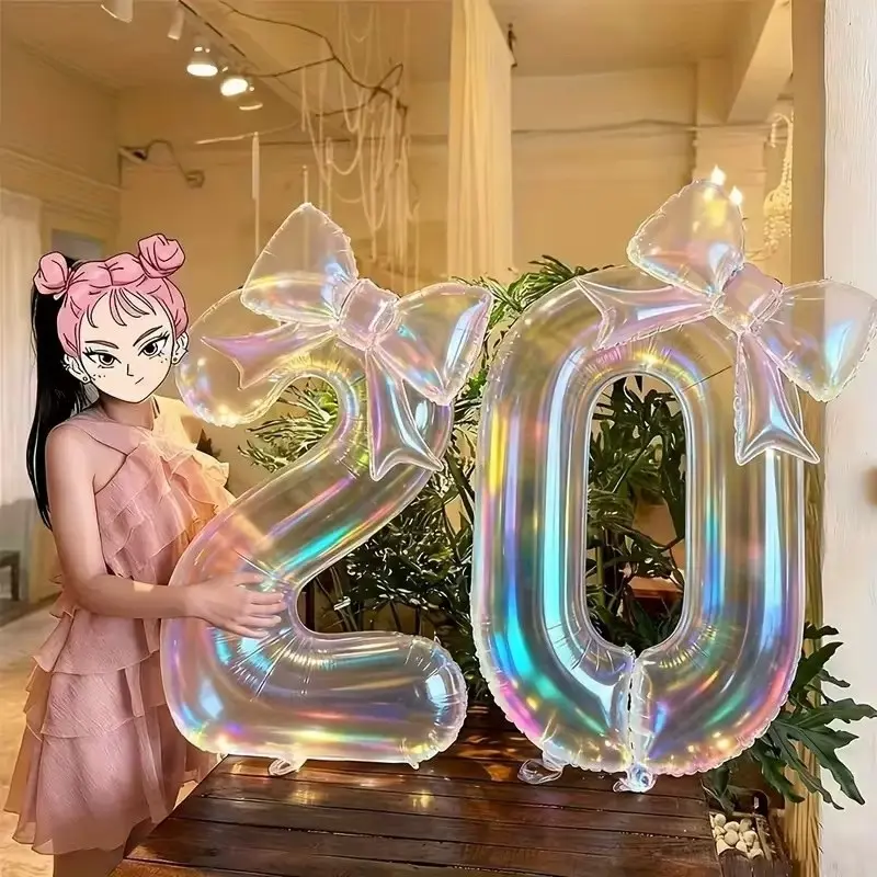 2pcs Large 40-Inch Colorful Transparent Numbers 0-9, 24-Inch Bow Balloon Glue Dots Set, Party Decoration, Birthday, Anniversary, Festival, Birthday Party Decorations