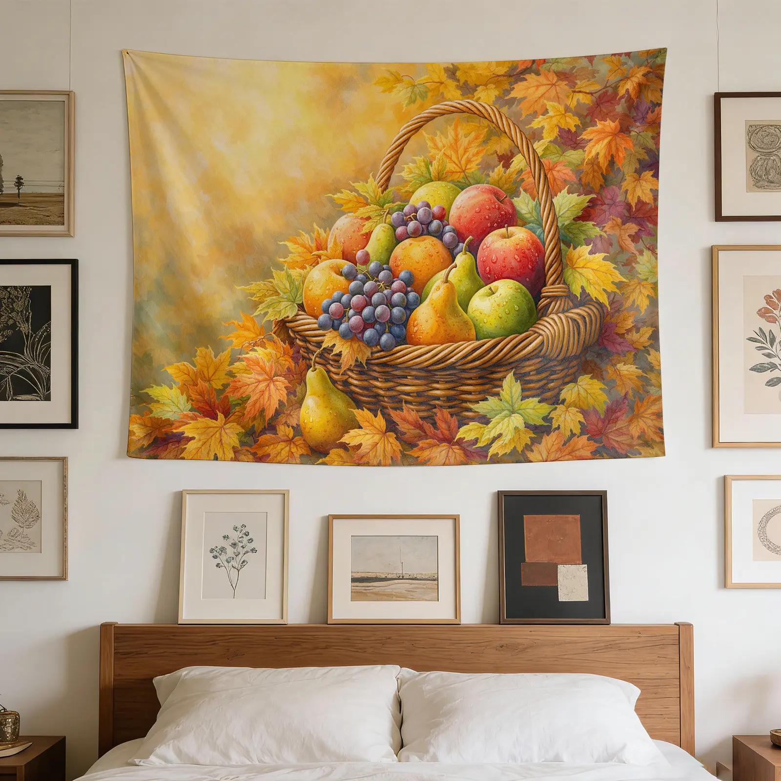 Fruit & Grape with Autumn Leaves Printed Wall Tapestry + Basket - Home Decor, Wedding Backdrop Fabric, Photography Prop, Multiple Sizes
