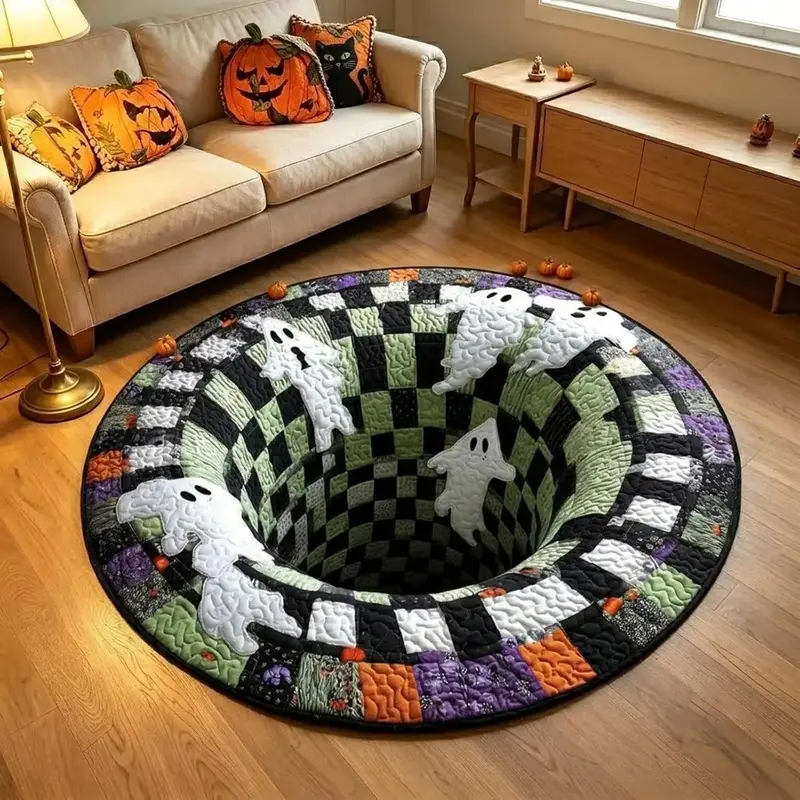 Halloween Round Rug, 3D Skeleton Vortex Quilted Illusion Mat, Soft Non-Slip Indoor Round Decor Rug for Living Room, Kitchen and Bathroom, Available in 24 Inch and 39 Inch