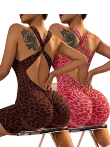 Two-Piece Leopard Print Halter Cross-Back Cutout Yoga Bodysuit, Ruched Butt-Lifting Seamless Short Outdoor Fitness Wear