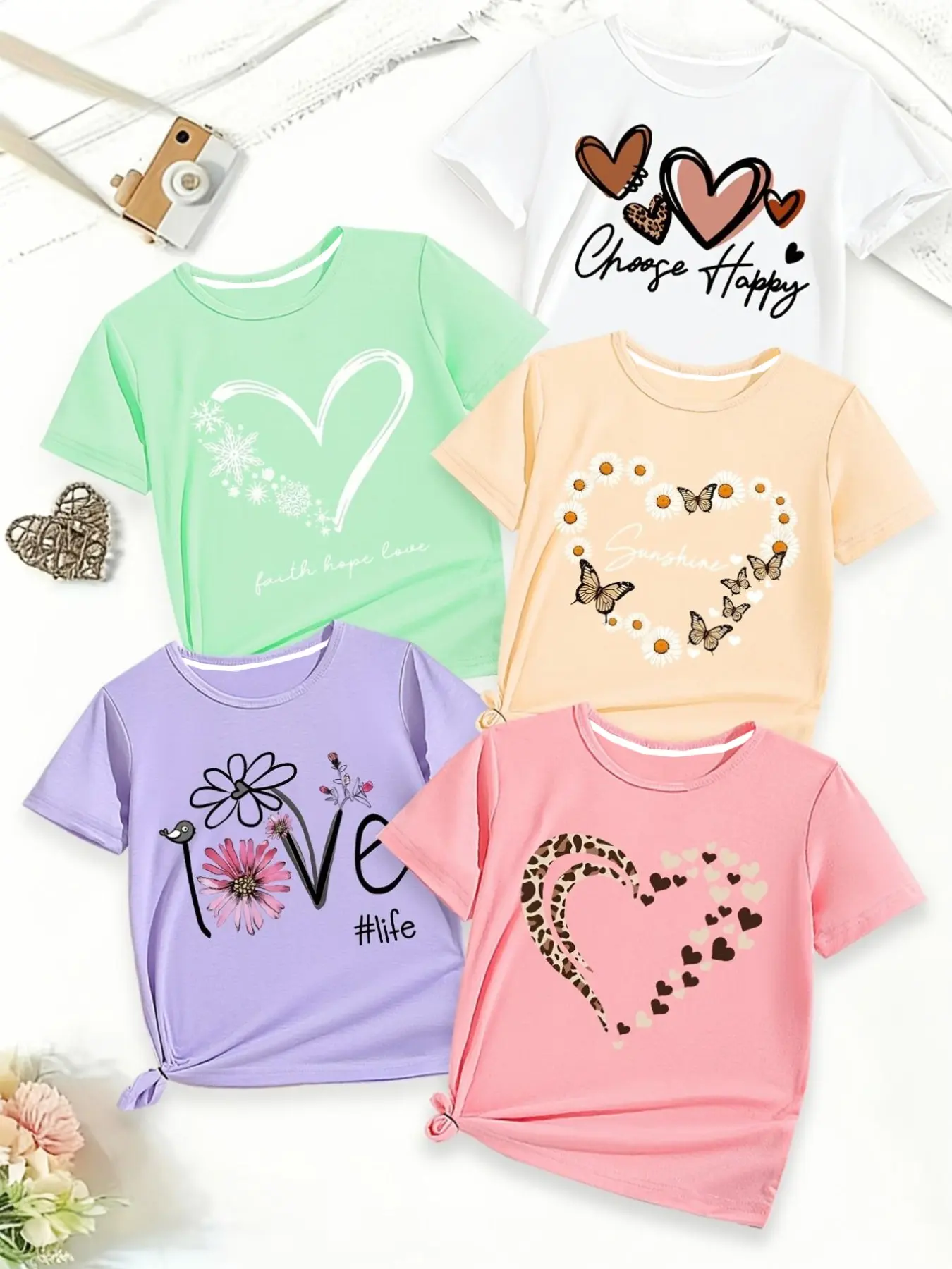 5-Pack Girls' Cute Fashion Short Sleeve T-Shirts, Graphic Tee Top, Heart Pattern Print, Comfortable Polyester, Casual Summer Top, Regular Fit, Daily & Outdoor Wear
