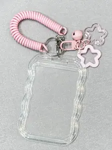 Wavy Transparent Card Holder Keychain, Keychain Wristlet, Coil Spring, Color-Block Cutout, Star and Bell Ornament, Multiple Colors, Minimalist Style