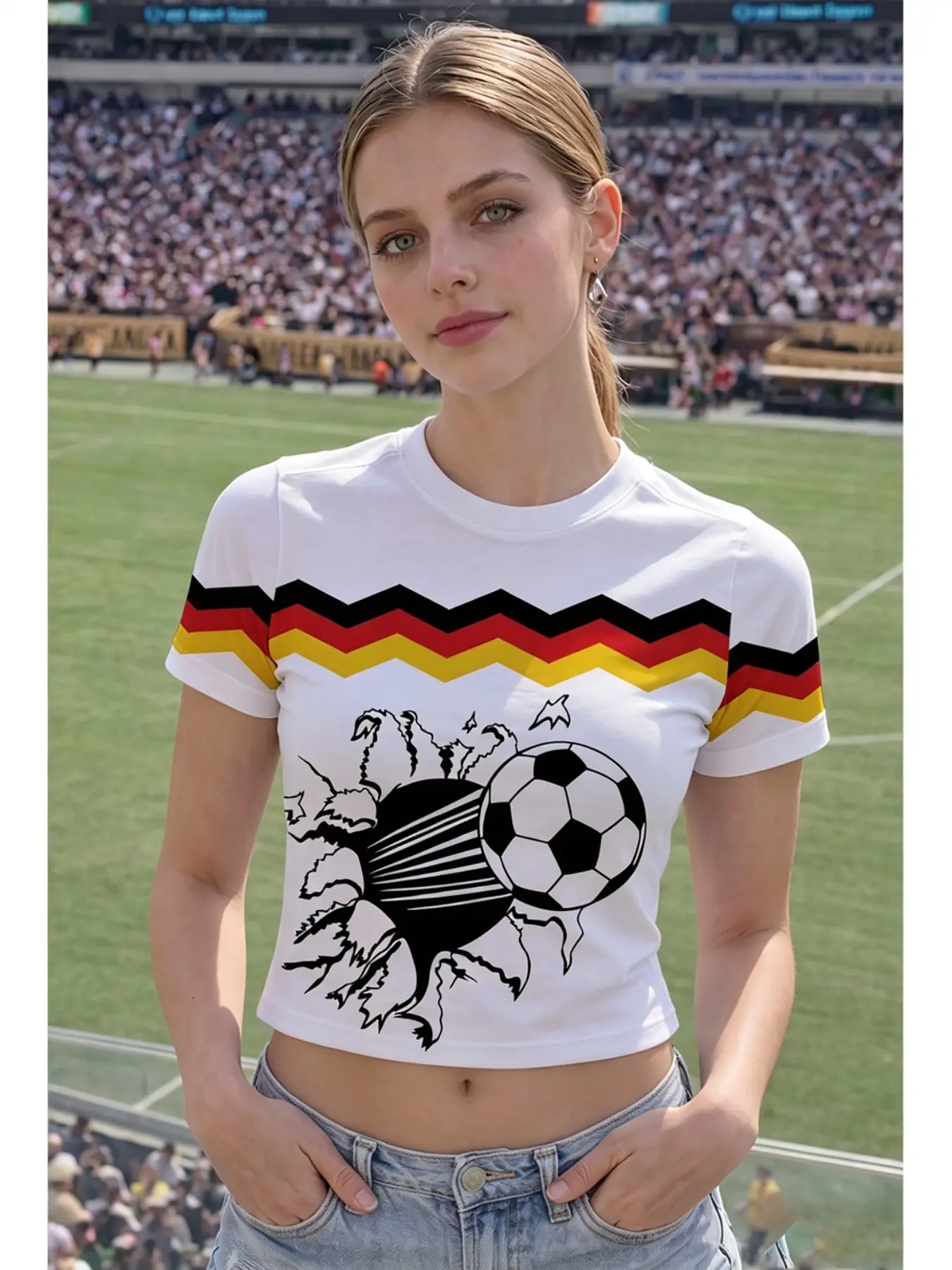 German Football Fan Essential, Fashion Girl Casual T-Shirt, Match Support Tee, German Soccer Cheerleading Uniform