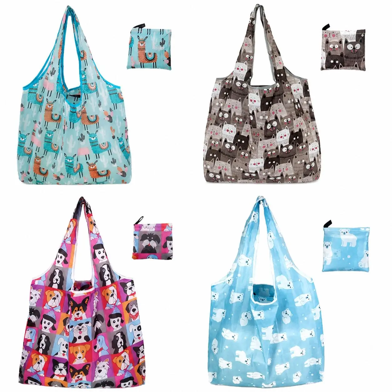 Women's 4-Pack Heavy Duty Large Reusable Grocery Bags - Foldable Sturdy Recycled Cloth Animal Print Totes with Handles for Home Storage & Travel Organization, Bags for Women