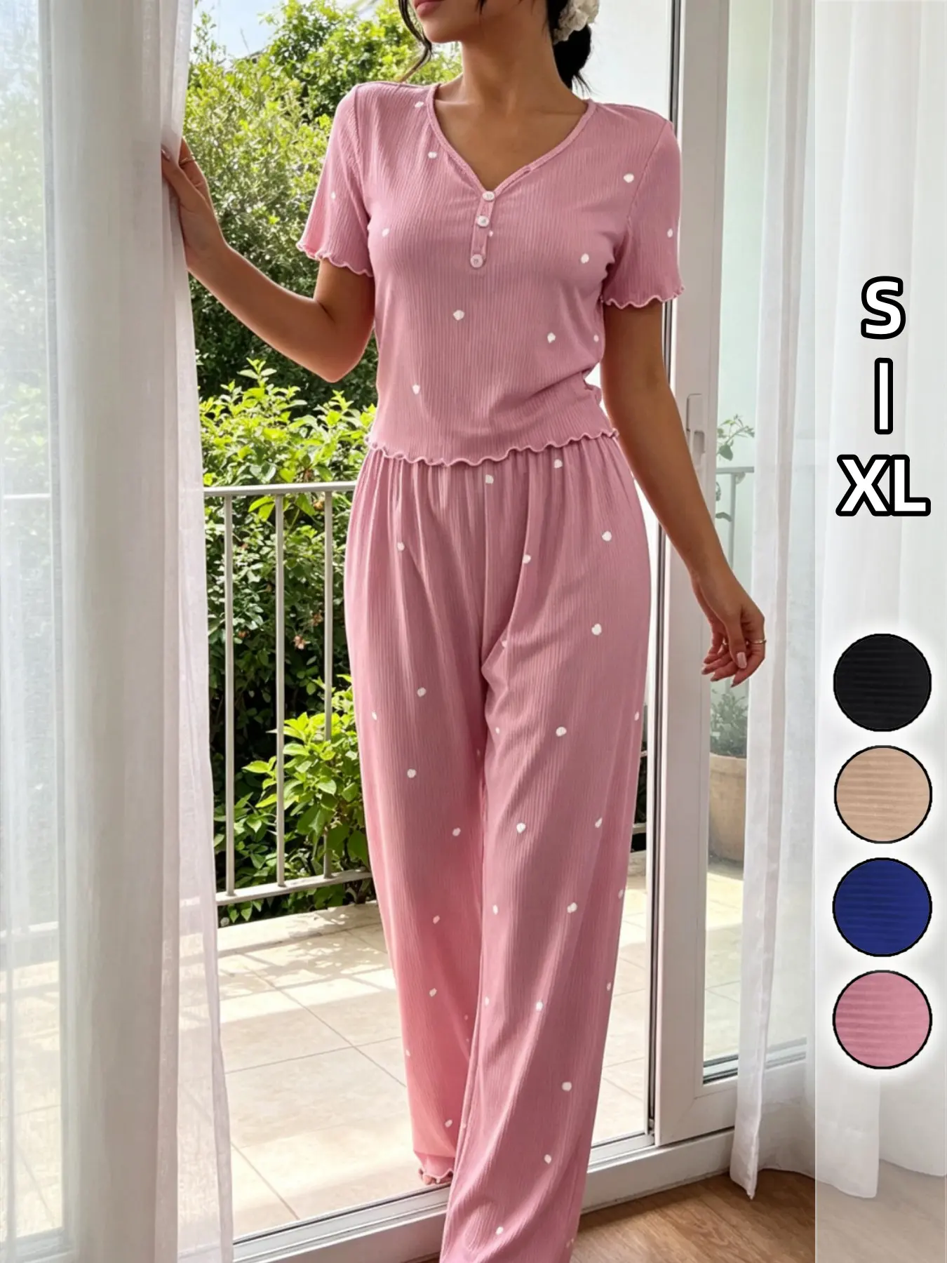 2 Piece Set Women's Ribbed Heart Print Ruffle Trim Short Sleeve Wide Leg, Soft Cozy Womens Matching Pajama Loungewear, Lightweight Summer Sleep & Vacation Outfit, Casual Travel Holiday Wear For Daily Home & Trip