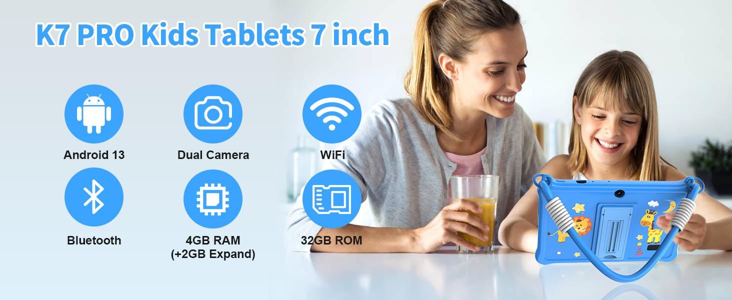 7 inch Tablet with Lanyard, 32GB Toddler Tablet Android 13 with WiFi, Dual Camera, Education, Games, Software Pre-Installed, Parental Control, Blue