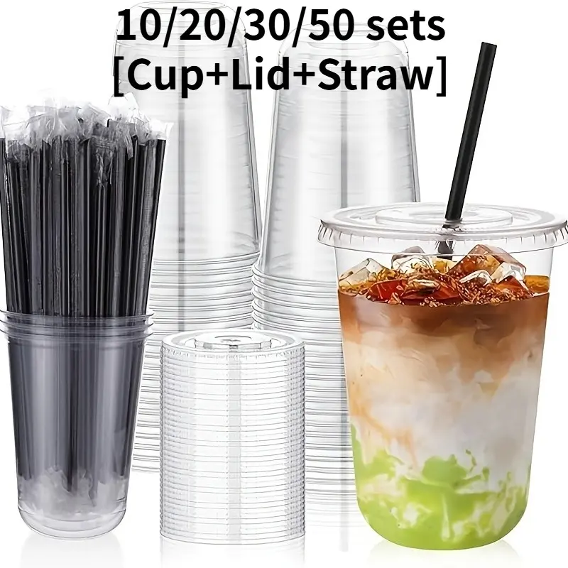 10/20/30/50 Pack 16oz Transparent Ice Coffee Cups with Lids and Straws, Leak-Proof U-Shaped Cold Drink Cups for Milk Tea, Parties, Events
