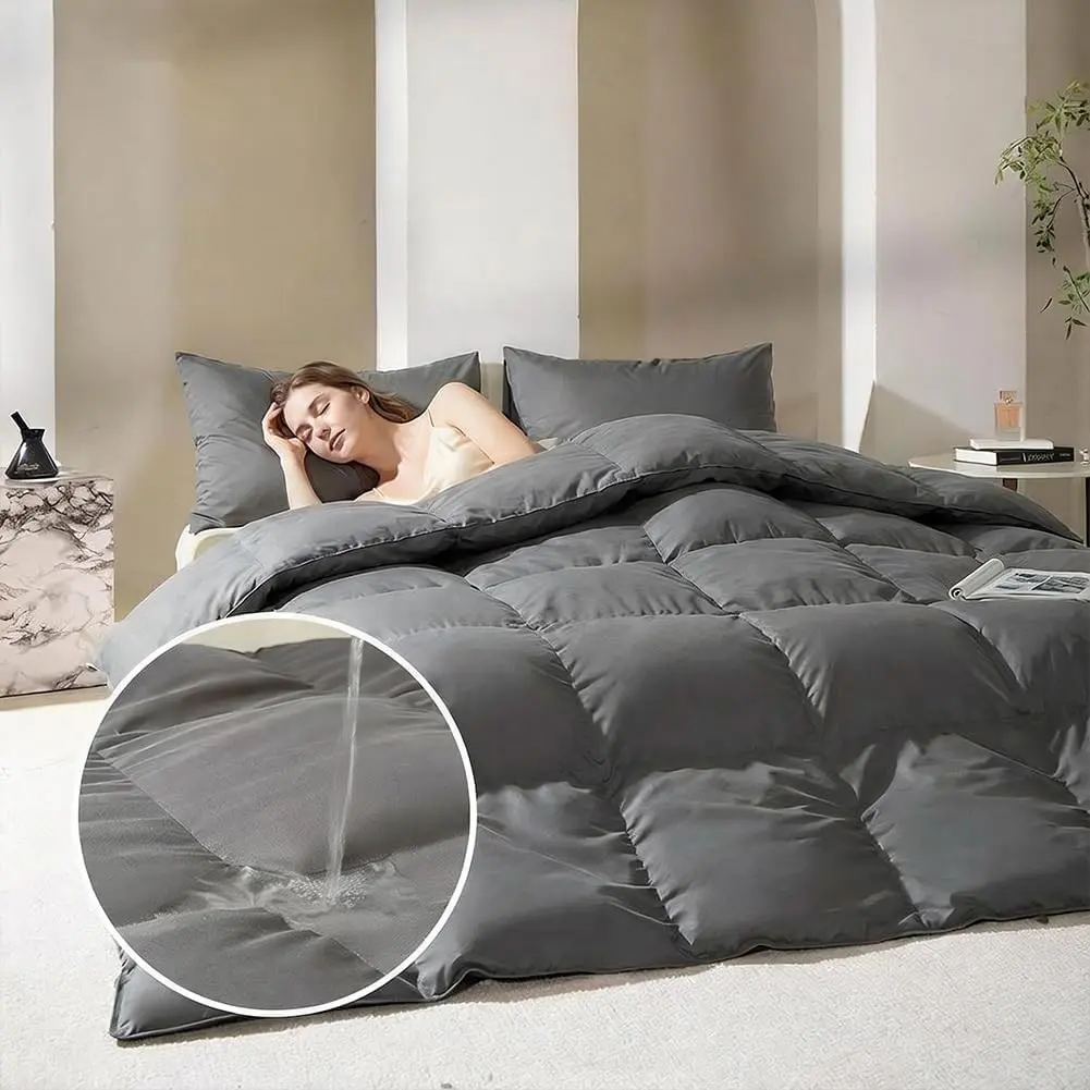 Goose Feather Down Fiber Comforter, Twin Size, Gray, 68"x90" | All Season Medium Warmth, Waterproof Duvet Insert, Hotel Collection, Hypoallergenic Bedding