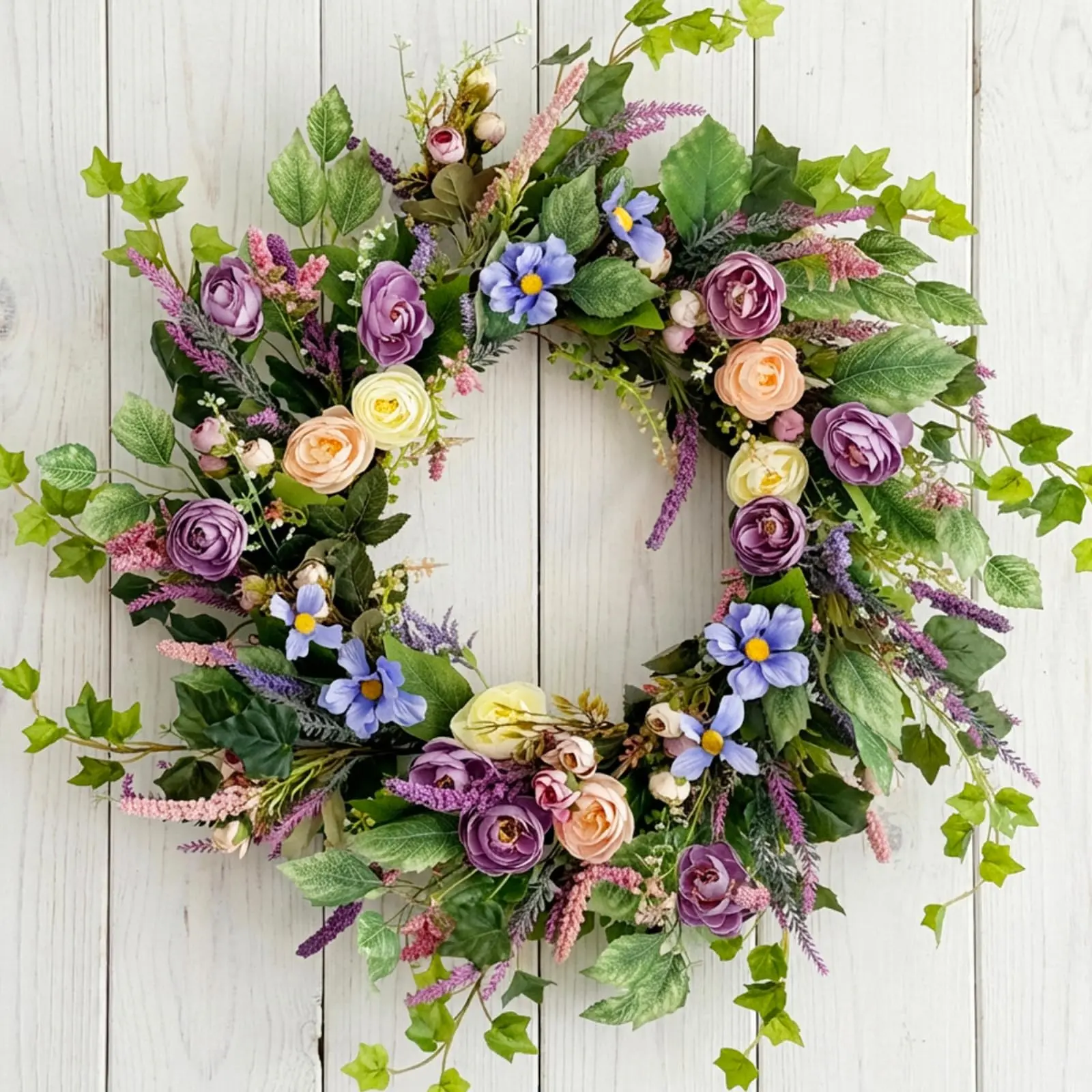 24 Inch Spring Summer Wreaths for Front Door - Large Artificial Peony & Lavender Flower Wreath with Grain Spikes - Lush Purple & Pink Wildflower Farmhouse for Porch, Wedding, Wall Decor