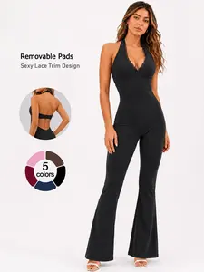Women’s One Piece Yoga Outfit Sexy Hot Girl Lace Backless with Removable Pads Four Way Stretch Buttery Soft Butt Lifting Tummy Control Comfortable Breathable Halter Neck Cami Bodysuit for Gym Pilates Running Outdoor Cycling Workout Jumpsuit
